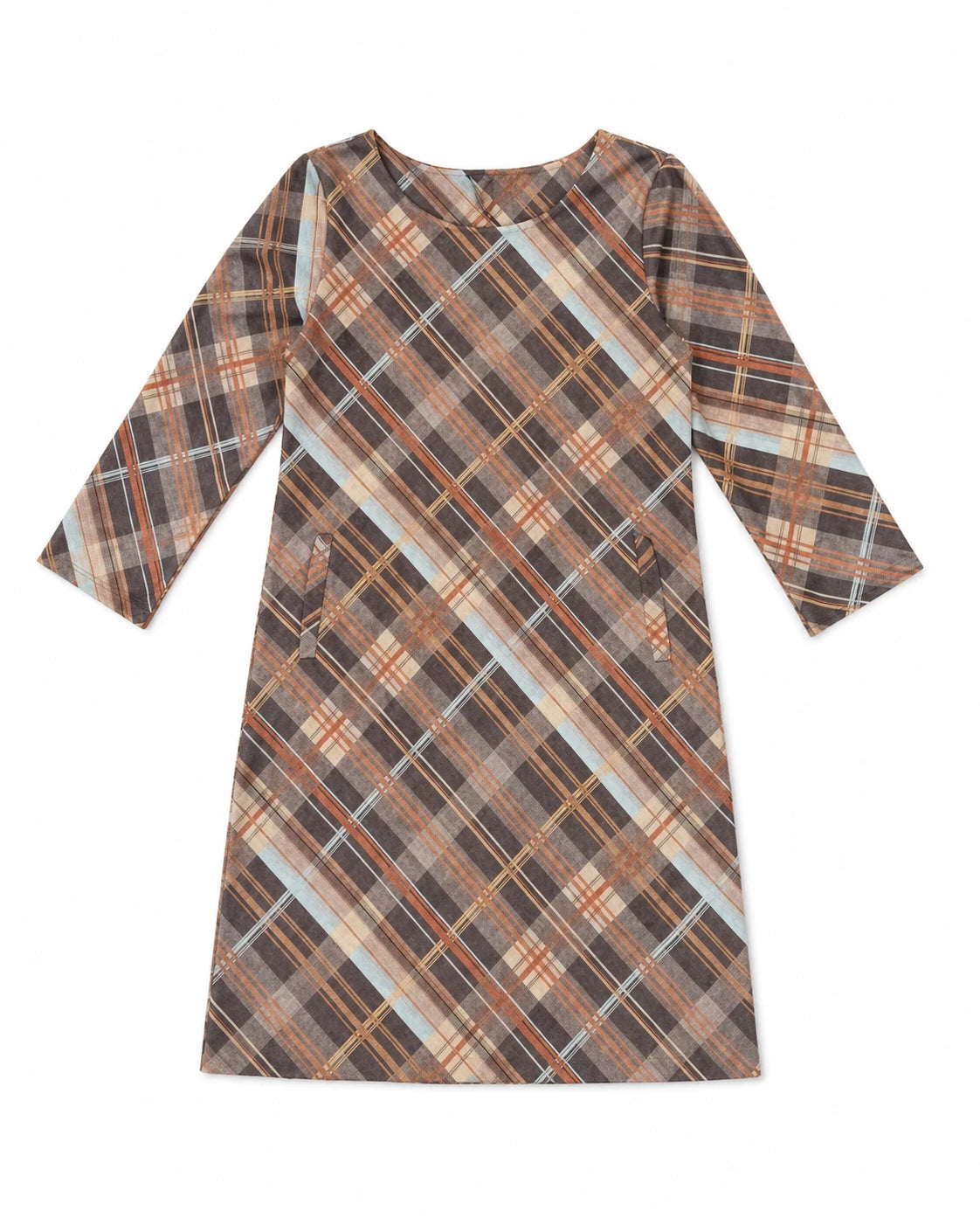 Vestido corto de cuadros, manga tres cuartos y cuello redondo, multicolor