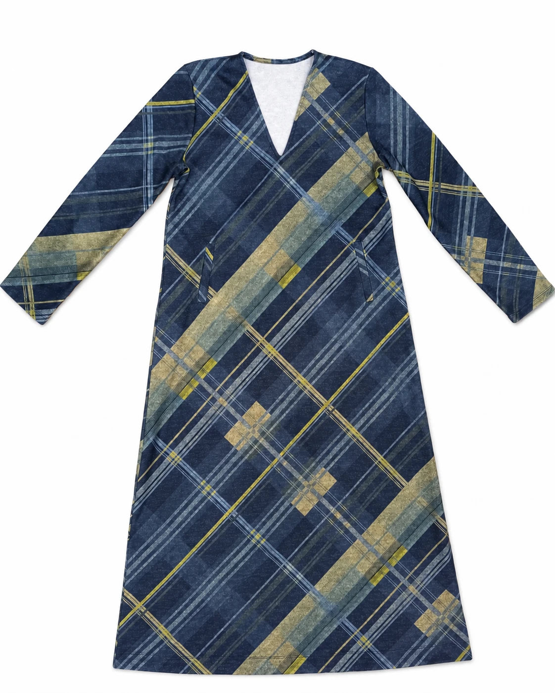 Vestido midi de cuadros marino con escote V, manga larga y dobladillo recto
