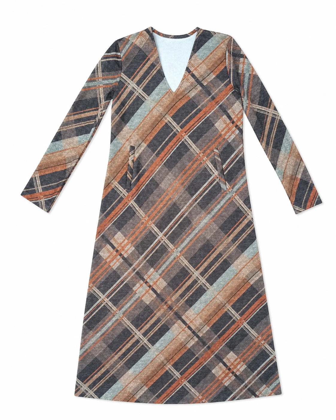 Vestido midi de cuadros marrón con escote V, manga larga y cuello en V