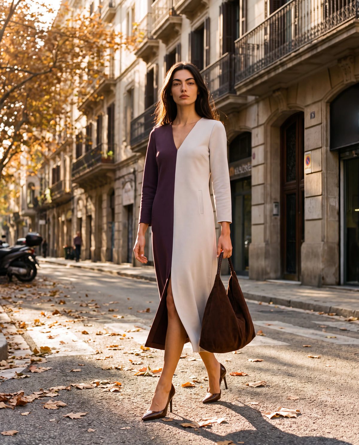 Vestido midi bicolor granate y visón, escote en V y abertura frontal
