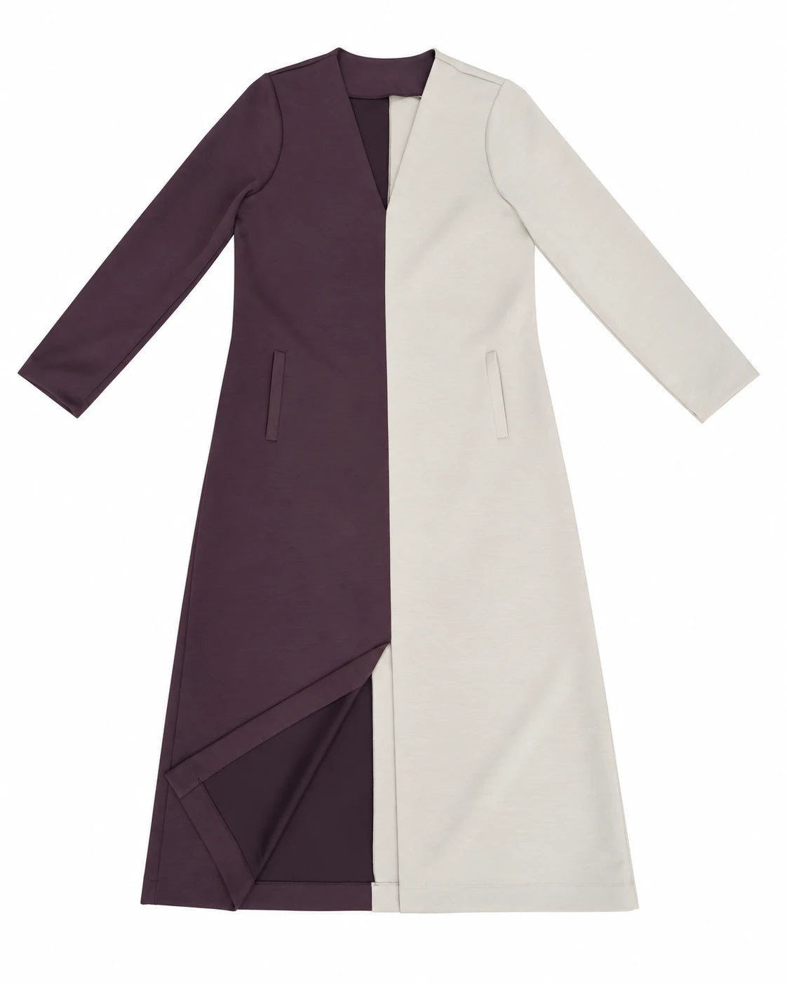 Vestido bicolor granate y visón, manga tres cuartos y diseño con paneles