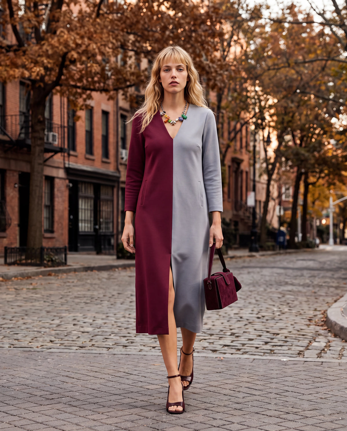 Vestido midi bicolor granate y gris claro, escote en V y abertura lateral