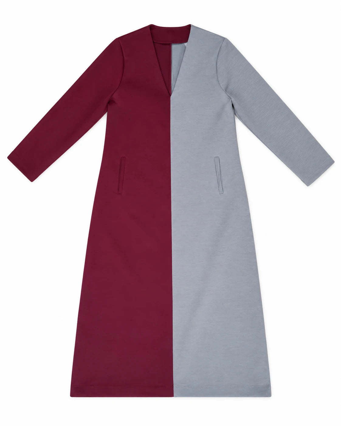 Vestido bicolor granate y gris claro, manga tres cuartos y paneles asimétricos