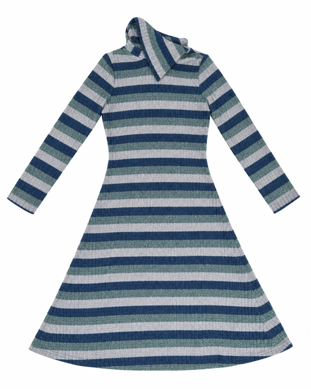 Vestido midi de rayas azul y verde con cuello alto y mangas largas.