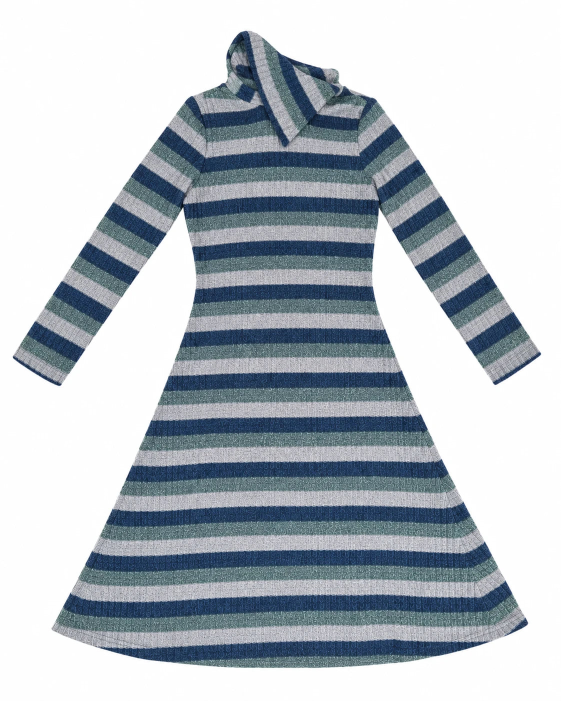 Vestido midi de rayas azul y verde con cuello alto y mangas largas.